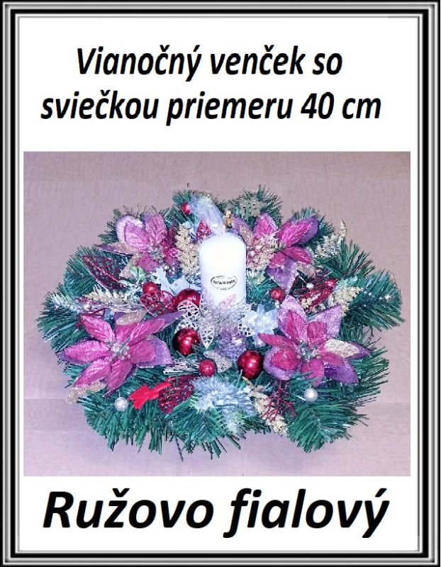 Vianočný venček sosviečkou priemeru 40 cm ružovo fialový