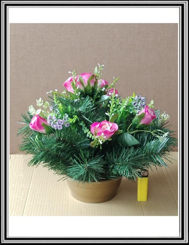 Umelé kvety 7 hlav + doplnky v malej 16 cm miske čFLO 2075ružové