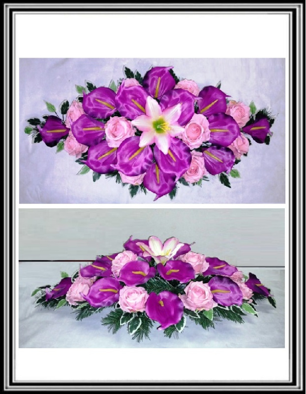 Ikebana č 2/309, 95 cm ,14 fialových kal a 10 ružových ruži s tmavým stredom+list Benjamin