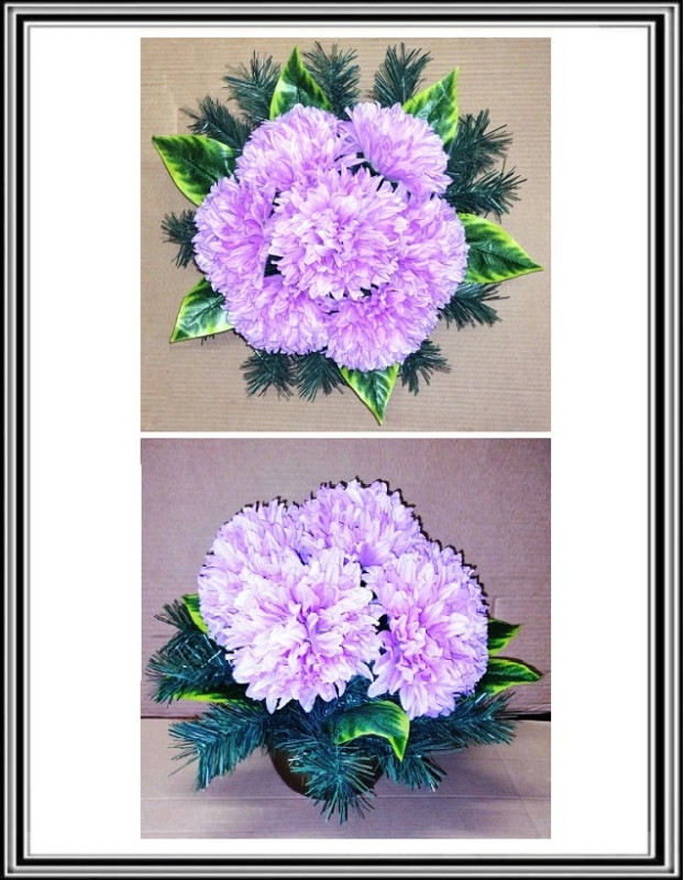 Umelé chryzantémy v plastovej miske 18 cm 7 veľkých hláv 15 cm fialová