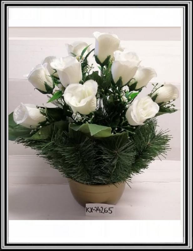 Umelé kvety vo veľkej miske  KX-74265  s doplnkami a 12 rúžami -  biele