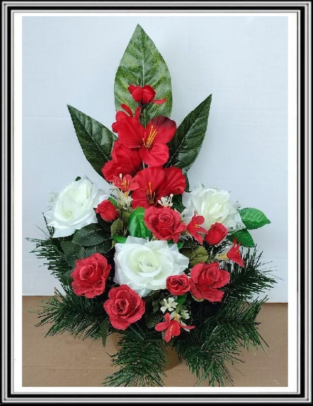 A3 Umelé kvety v miske v-45 cm , č 202 s malými kvietočkami okolo, červený