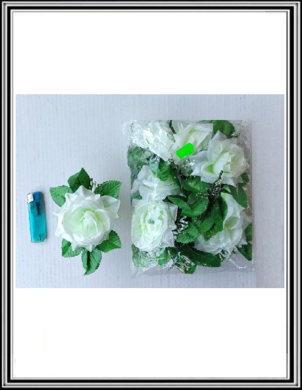 Hlavička kvetu Ruža s lístkom 11 cm bielo zelená
