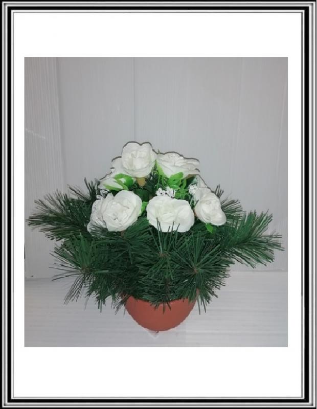 Umelé kvety v malej miske 8 hláv - MINY  biele ružičky