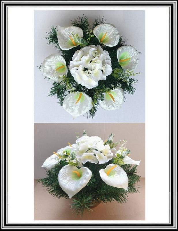 Umelé kvety v miske priemeru 15,5 cm č. 06 Bielo zelené kaly a bielo krémová hortenzia