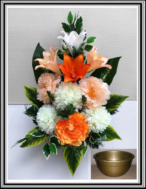 Kvety v miske vysoké 63 cm č 305 - ružovými oranžovými pivóniami a bielo zelenými chryzant