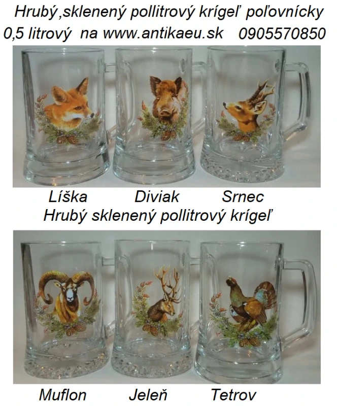 Sklenené pollitrové poľovnícke krígle