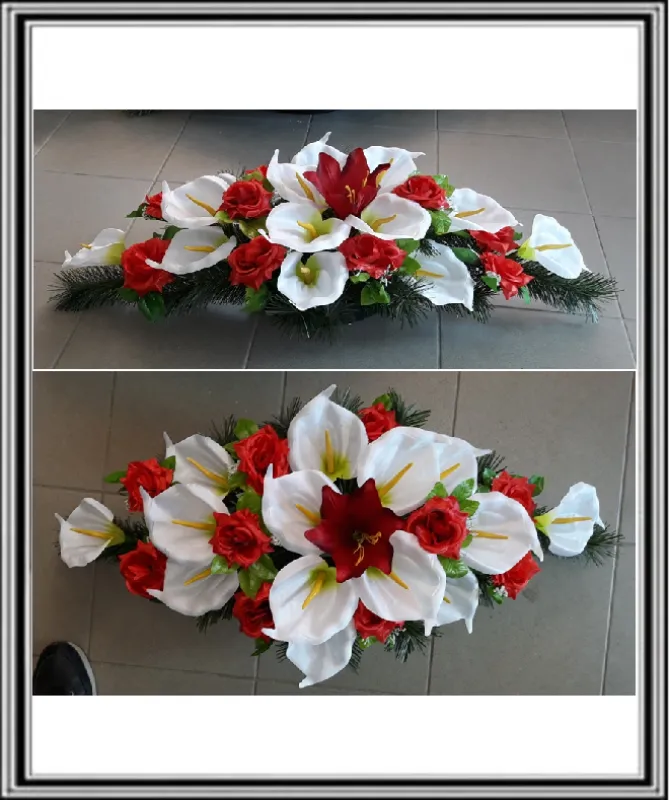 Ikebana č.2 /60, dlžka -95 cm-14 bielych kal+10 červených ruži(bez listov Benjamin)