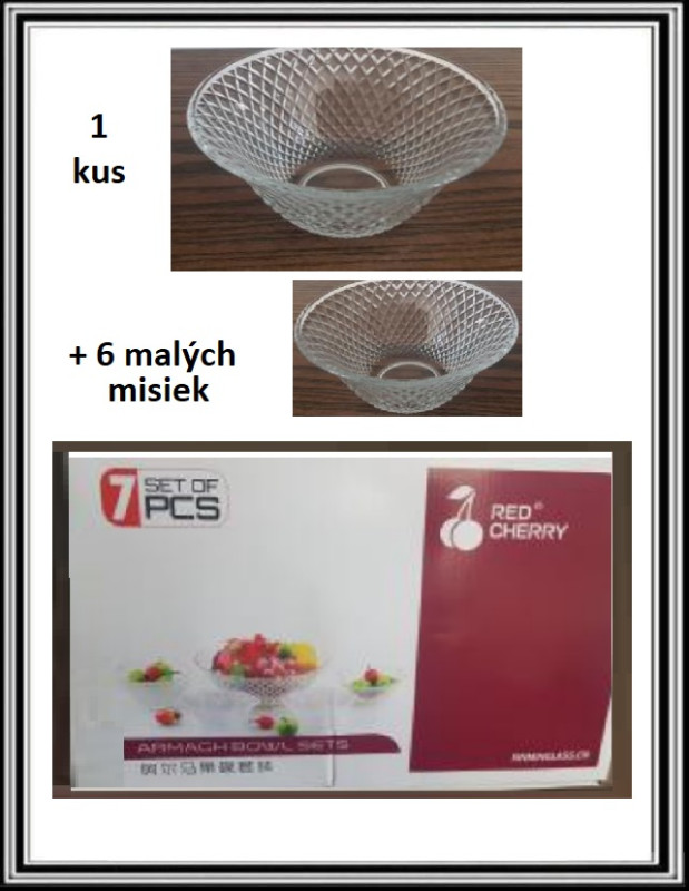 Sadá 6 malých sklenených misiek + 1 veľká v-5 cm , priemer 12 cm250 ml , veľka 1500 ml