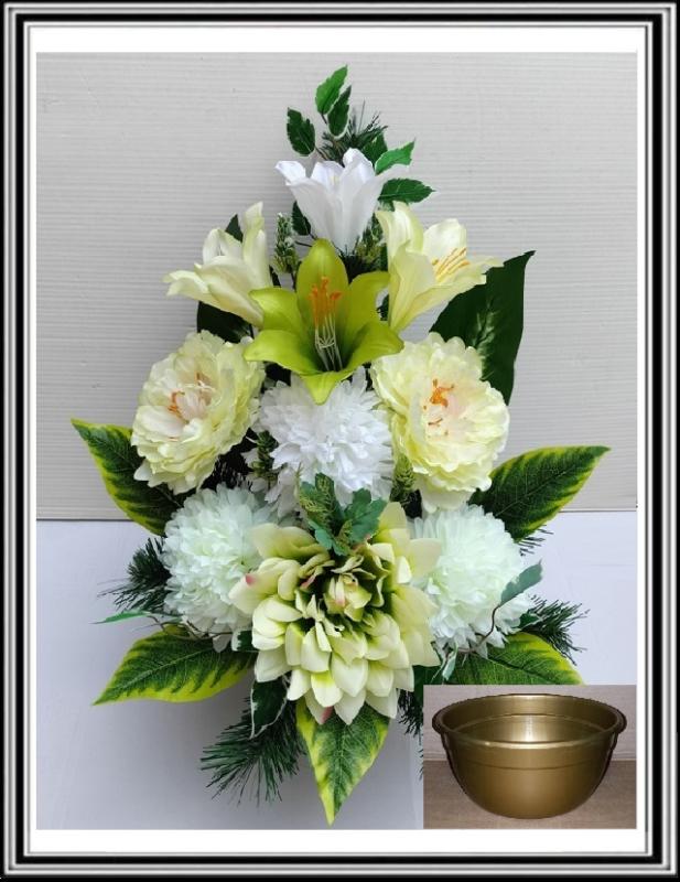 Kvety v miske vysoké 63 cm č 302- bielo zelenými pivóniami a bielo zelenými chryzantémami