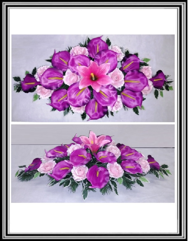 Ikebana č 2-409,dĺžka 95 cm ,14 fialových kal a 10 svetlo ružových ruži + listy Benjamín