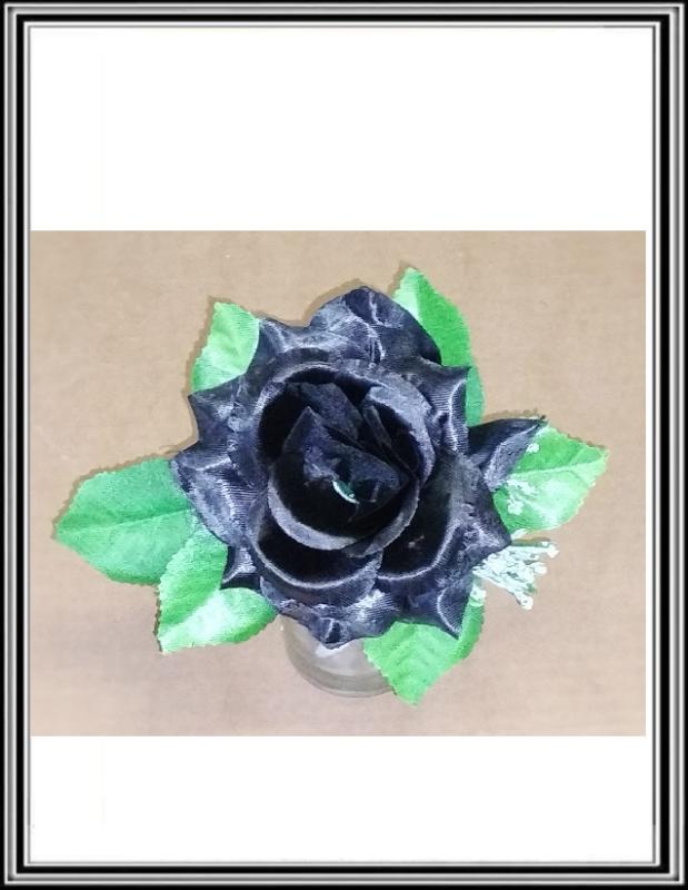 Hlavička kvetu ruža s lístkami 11 cm W674   čierna