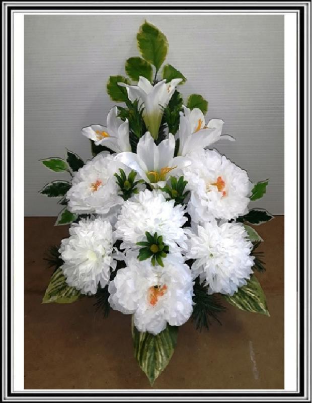Kvety-VEĽKÉ- v miske, výška 63 cm č 39- biele s bielymi chryzantémami