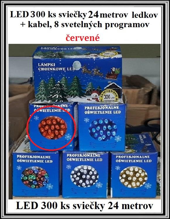 Vianočné LED 300 ks sviečky 8 svetelných programov ,24 metrov žiaroviek + kabel - červené