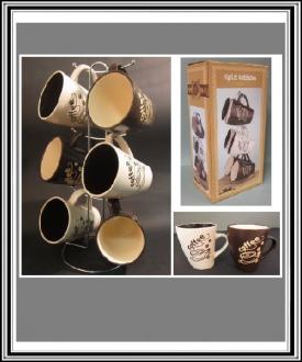 Sadá 6 ks keramických hrnčekov na stojane - KAFFE 350 ml