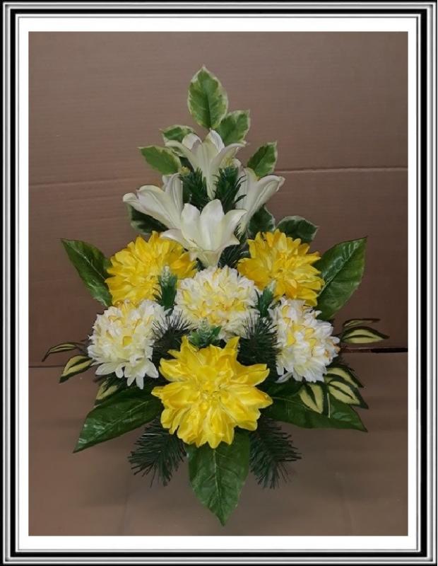 Kvety-VEĽKÉ- v miske, výška 63 cm č 60 žltá s bieložltými chryzantémami