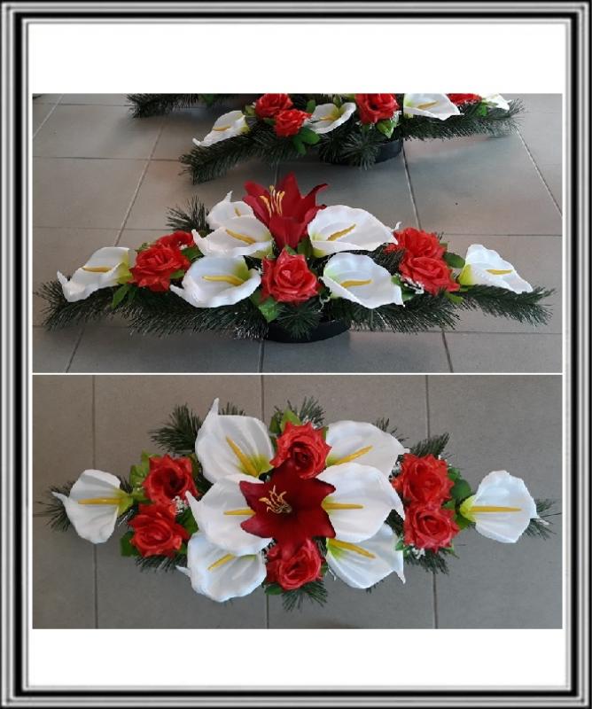 Ikebana č 1 č.101 , 80 cm ,- 8 bielých kal +6 červených ruži