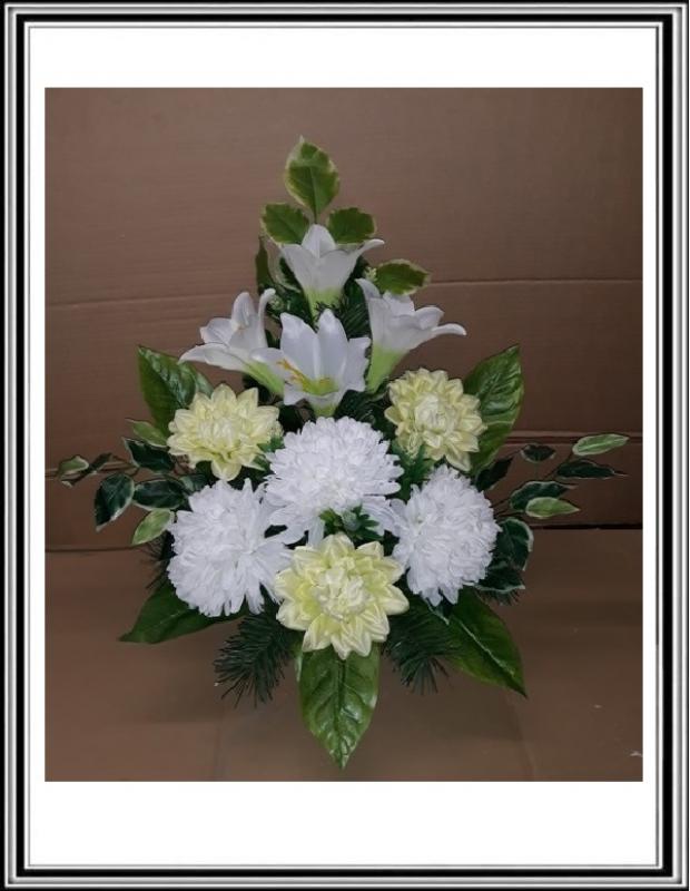 Kvety-VEĽKÉ- v miske 63 cm č 59 sv zelená s bielymi chryzantémami