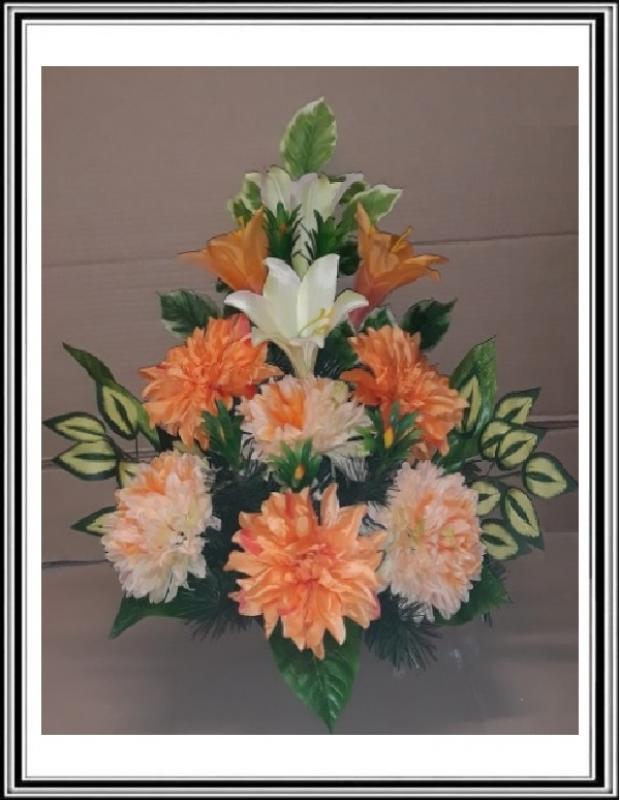 Kvety-VEĽKÉ- v miske 63 cm č 61 oranž so sv.oranžovými chryzantémami