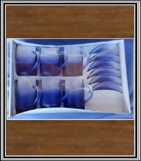 Sklenené poháre hrnčeky modré s modrými tanierikmi- cobalt